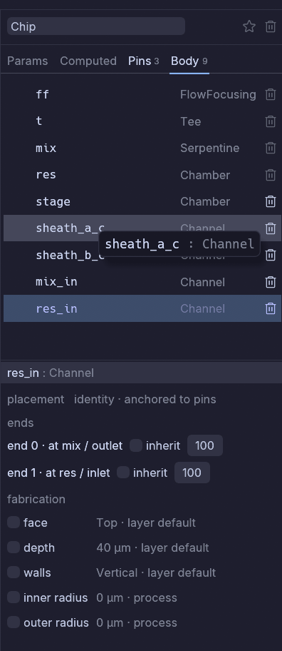 The inspector with a channel selected: the Body tree above, and below it the channel’s ends and its fabrication rows